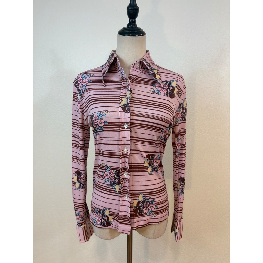Vtg 70s Nortons Point Nylon Top L Dusty Pink Novelty Graphic Floral Stripe Shirt